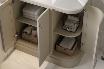 Beige Basin Vanity Unit with doors open and storage shelf